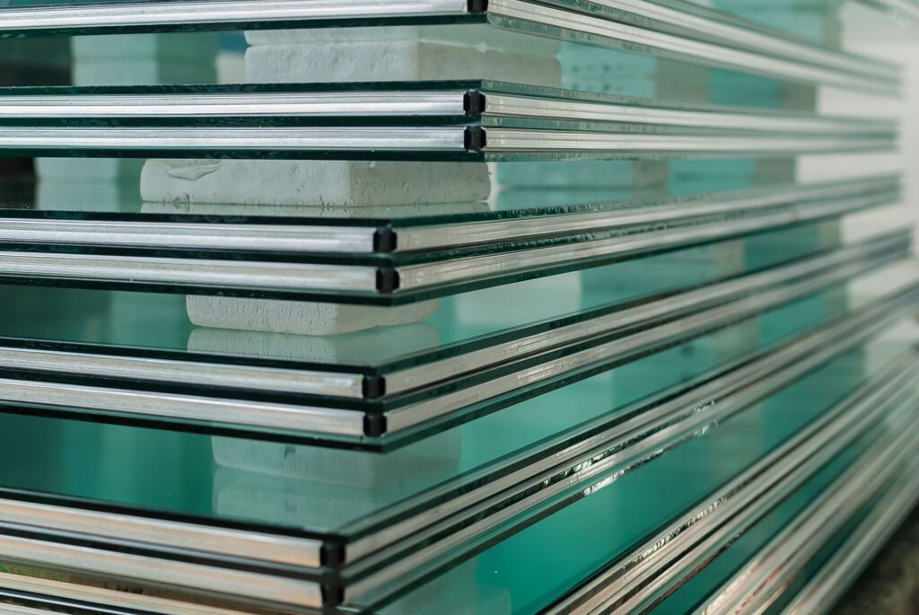 Custom cut glass panels stacked at the Independent Glass fabrication shop in Chattanooga